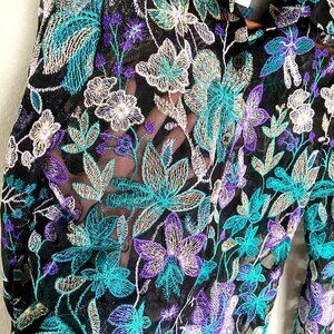 SEXY Sheer Teal & Purple Floral Embroidered Long Sleeve Blouse - S